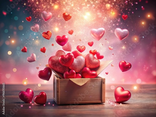 Vibrant pink and red hearts of various sizes overflow from a delicate, ornate box, surrounded by subtle sparkles and soft, dreamy lighting.