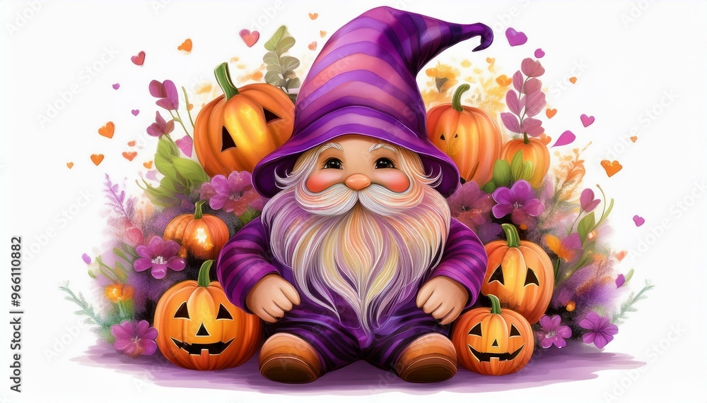 Fototapeta premium A whimsical gnome in a purple hat surrounded by pumpkins and flowers, perfect for Halloween-themed decorations and illustrations.