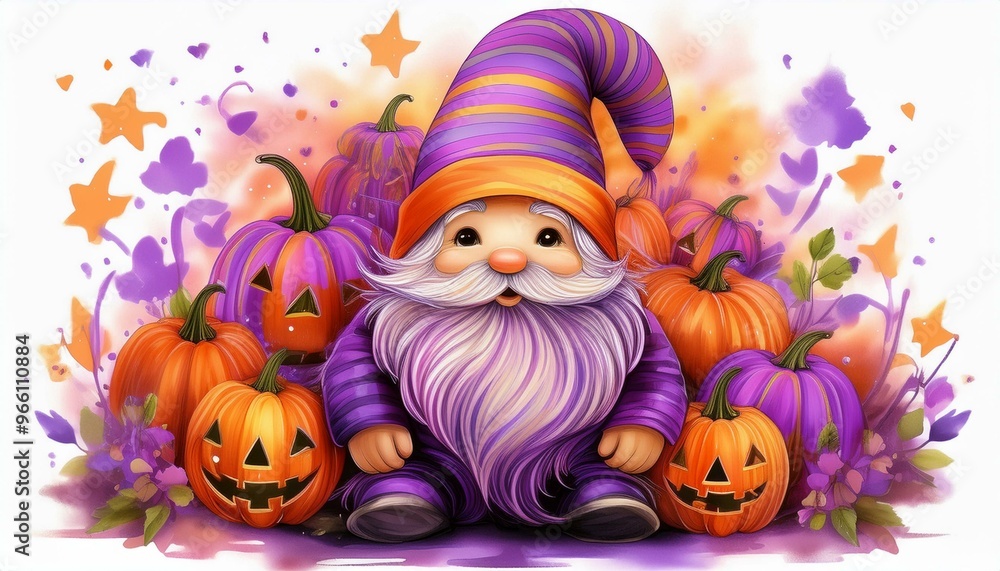 A whimsical gnome in a purple outfit surrounded by festive Halloween pumpkins and colorful autumn leaves.