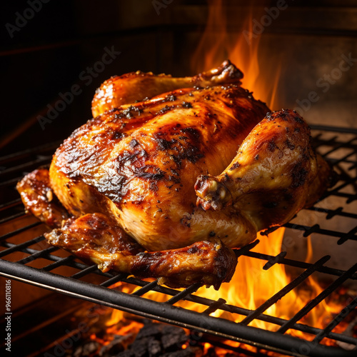 Rotisserie chicken roasting on a grill