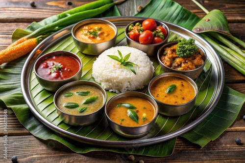 Vibrant plate of traditional Kerala dishes, including sambar, rasam, and idli, served with steaming rice, fresh vegetables, and garnished with fragrant curry leaves. photo