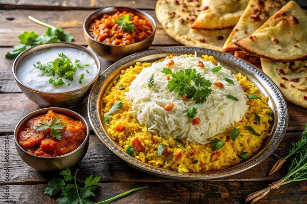 Vibrant plate overflowing with aromatic basmati rice, rich curries, and crispy naan bread, garnished with fresh cilantro and a dollop of creamy raita. Vibrant plate overflowing with aromatic basmati rice, rich curries, and crispy naan bread, garnished with fresh cilantro and a dollop of creamy raita.