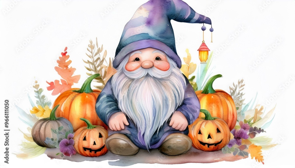 Naklejka premium Charming gnome with pumpkins and autumn leaves creates a whimsical fall scene. Perfect for Halloween or seasonal decor.