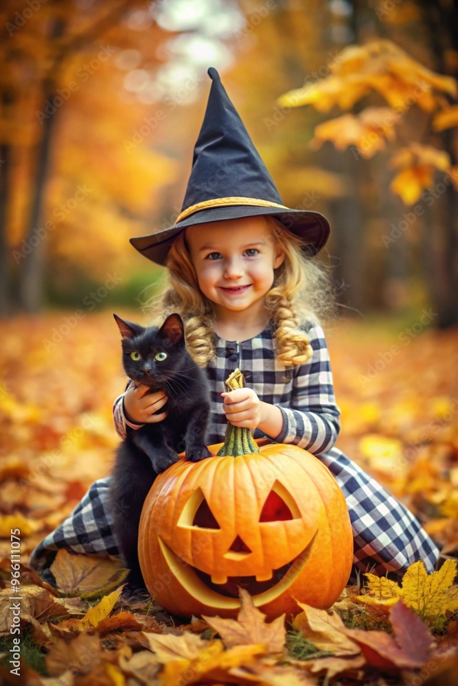 Fototapeta premium Charming Little Witch Holds a Pumpkin While Accompanied by a Black Cat Perfect for Halloween Decor and Themed Parties