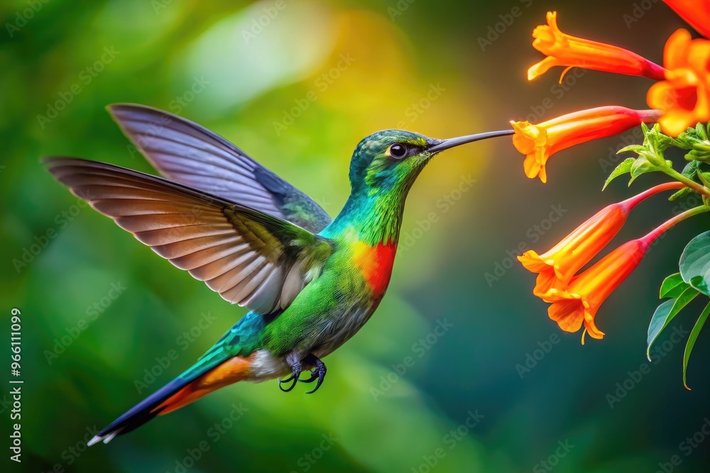 Fototapeta premium Vibrant rainbow-hued hummingbird with iridescent feathers and long, slender beak sips nectar from a bright orange trumpet-shaped flower in a lush green jungle setting.