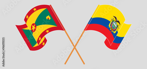 Crossed and waving flags of Grenada and Republic of Ecuador. Vector illustration