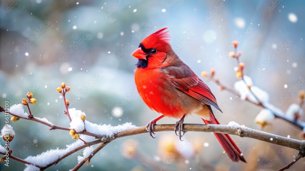 Vibrant red cardinal perches on snowy branch, wings tucked in, bright eyes shining, against a soft-focus winter background with gentle bokeh and muted tones. Vibrant red cardinal perches on snowy branch, wings tucked in, bright eyes shining, against a soft-focus winter background with gentle bokeh and muted tones.