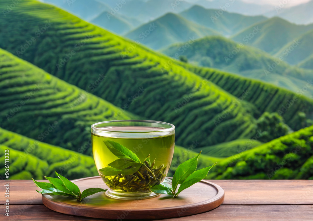 Green Tea on a Wooden Table with Tea Plantation Background. Green Tea on a Wooden Table with Tea Plantation Background.
