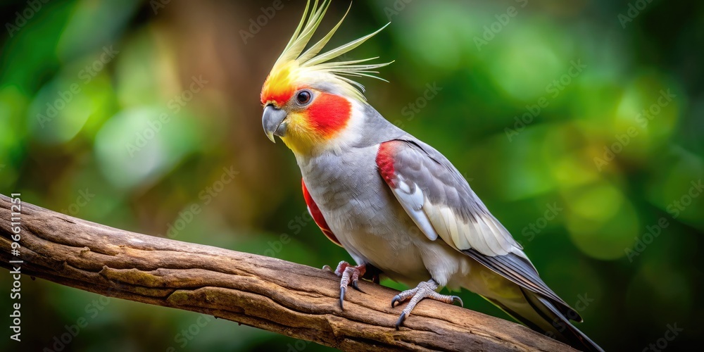 Fototapeta premium Vibrant Red Cockatiel Perched On A Branch, Its Crest Raised High, With A Curious Expression In Its Dark Eyes.
