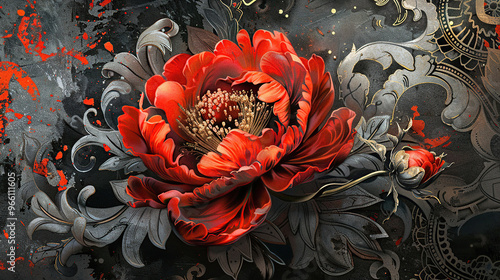 blue, rouse, red, silver, old, background, generative, ai, steampunk style, vintage, watch, peony, ancient, door, sculpture, art, architecture, statue, decoration, detail, antique, stone, carving, gol