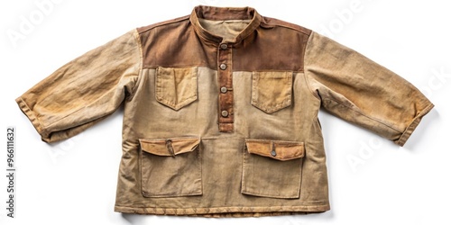 A worn, earth-toned canvas smock with stained pockets and frayed cuffs, evoking a nostalgic sense of traditional photo