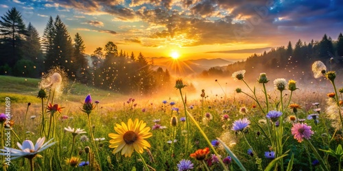 Vibrant sunrise illuminates dew-kissed wildflowers swaying gently in the breeze, radiating warmth and serenity amidst a tranquil forest landscape, symbolizing a refreshing new week.