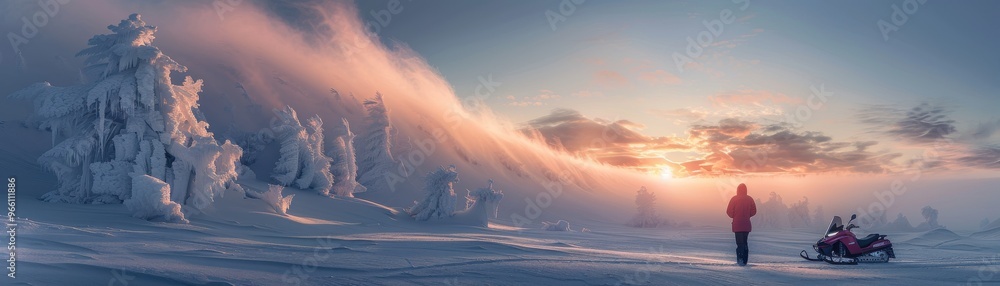 Fototapeta premium Person enjoying a serene winter sunset in a snowy landscape with dramatic skies and a snowmobile parked nearby.
