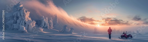 Person enjoying a serene winter sunset in a snowy landscape with dramatic skies and a snowmobile parked nearby.