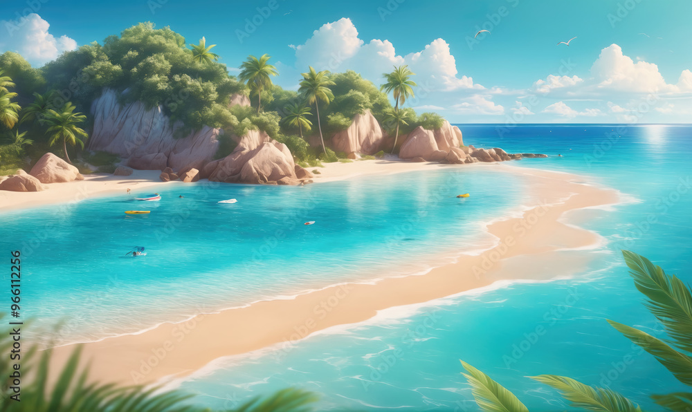 Naklejka premium A small, tropical island with white sand beaches and clear turquoise water on a sunny day