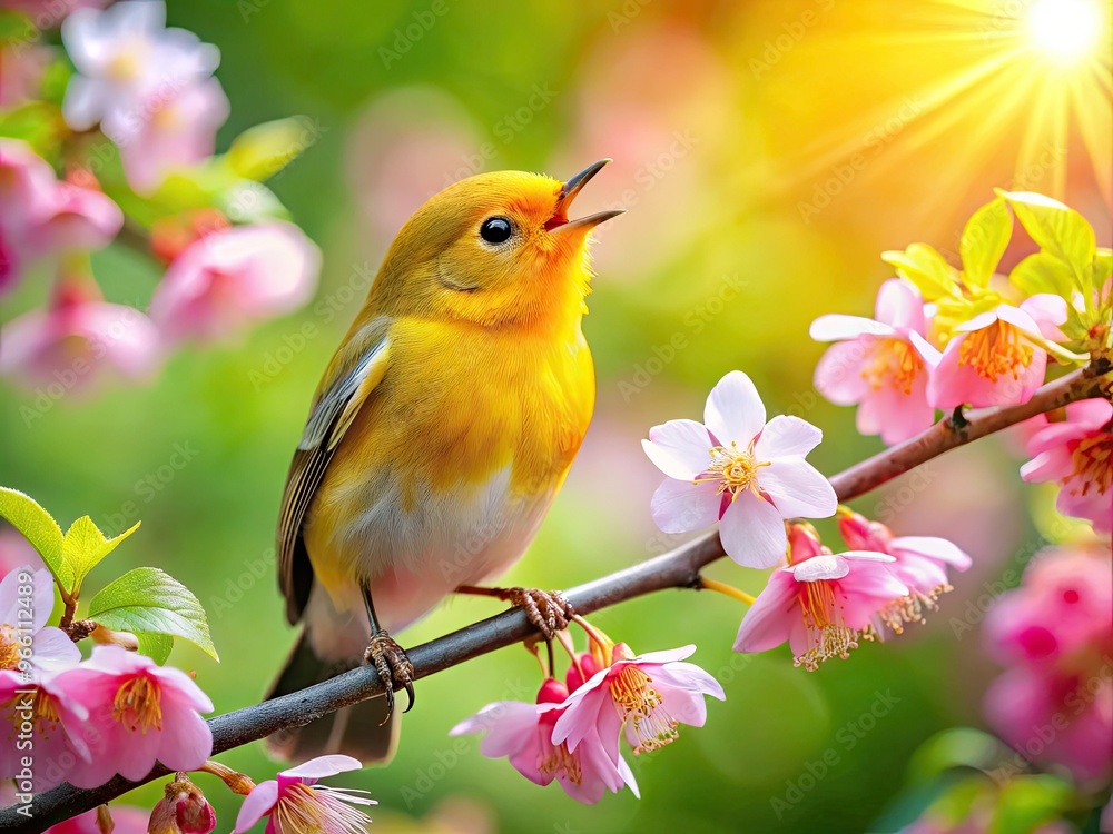 Vibrant yellow songbird perched on a blossoming branch, trilling a sweet melody, surrounded by lush green leaves and delicate pink flowers in warm sunlight. Vibrant yellow songbird perched on a blossoming branch, trilling a sweet melody, surrounded by lush green leaves and delicate pink flowers in warm sunlight.