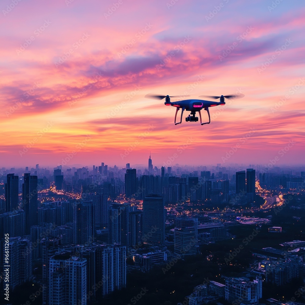 A drone flies over an urban skyline at sunset, capturing breathtaking views of the cityscape and colorful sky. A drone flies over an urban skyline at sunset, capturing breathtaking views of the cityscape and colorful sky.