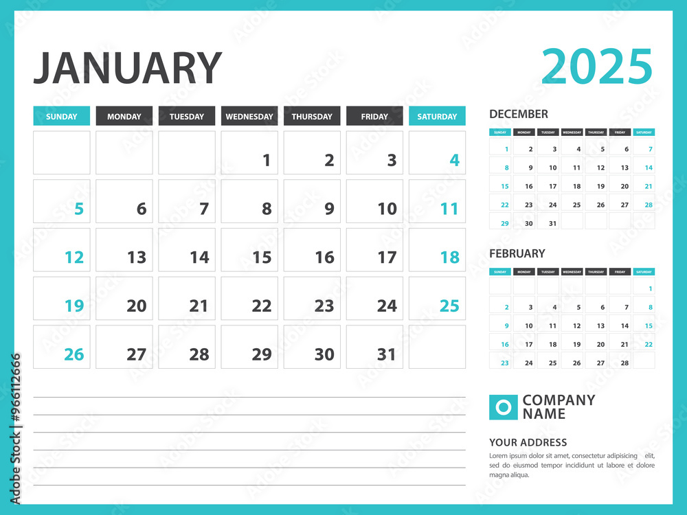 Monthly calendar template for 2025 year. January 2025 year, Week Starts on Sunday, Desk calendar 2025 design, Wall calendar, planner design, stationery, printing media, advertisement, vector Monthly calendar template for 2025 year. January 2025 year, Week Starts on Sunday, Desk calendar 2025 design, Wall calendar, planner design, stationery, printing media, advertisement, vector