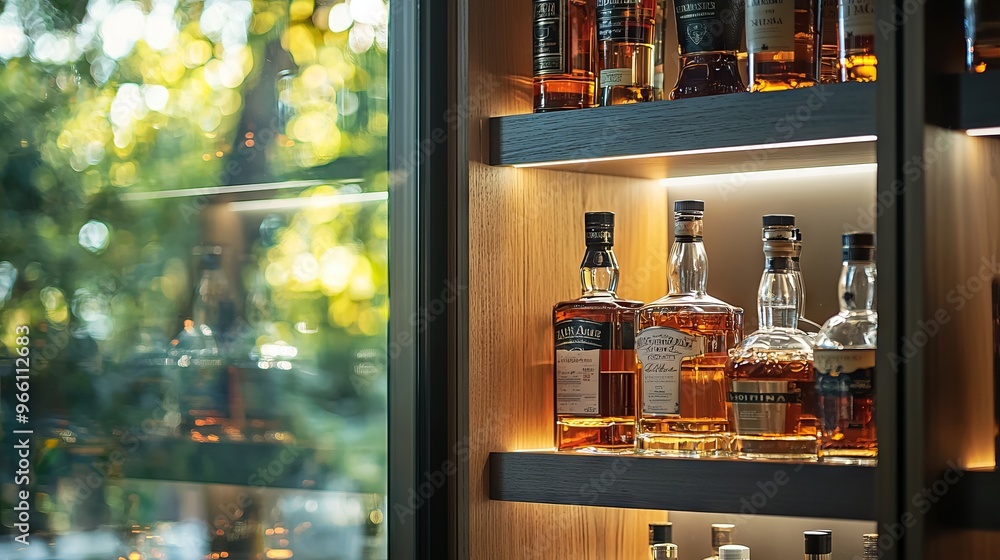 Close-up of whiskey bottles on a shelf with a soft glowing light in the background Close-up of whiskey bottles on a shelf with a soft glowing light in the background