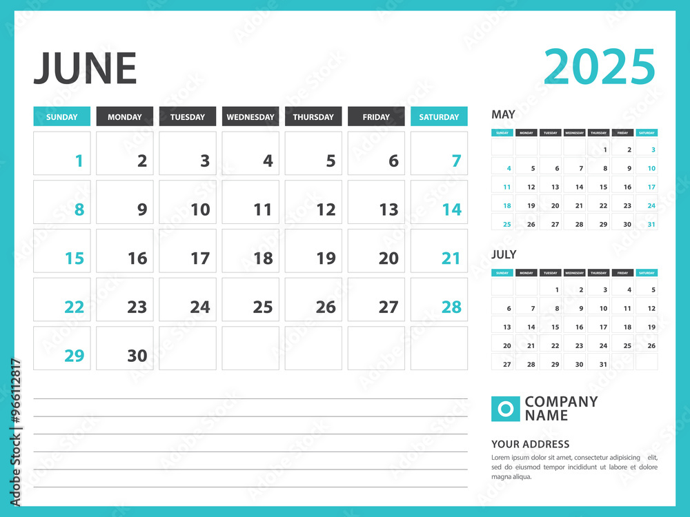 Monthly calendar template for 2025 year. June 2025 year, Week Starts on Sunday, Desk calendar 2025 design, Wall calendar, planner design, stationery, printing media, advertisement, vector Monthly calendar template for 2025 year. June 2025 year, Week Starts on Sunday, Desk calendar 2025 design, Wall calendar, planner design, stationery, printing media, advertisement, vector