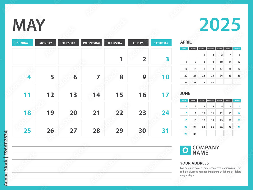 Monthly calendar template for 2025 year. May 2025 year, Week Starts on Sunday, Desk calendar 2025 design, Wall calendar, planner design, stationery, printing media, advertisement, vector Monthly calendar template for 2025 year. May 2025 year, Week Starts on Sunday, Desk calendar 2025 design, Wall calendar, planner design, stationery, printing media, advertisement, vector