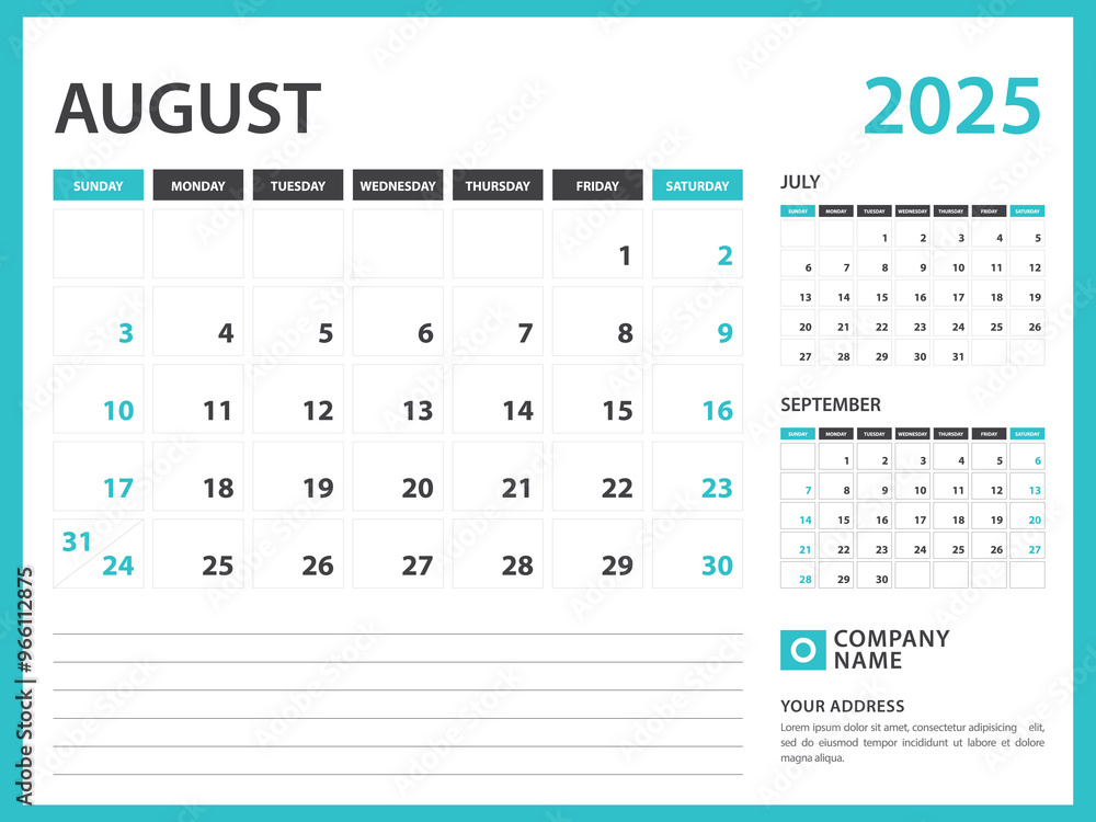 Monthly calendar template for 2025 year. August 2025 year, Week Starts on Sunday, Desk calendar 2025 design, Wall calendar, planner design, stationery, printing media, advertisement, vector Monthly calendar template for 2025 year. August 2025 year, Week Starts on Sunday, Desk calendar 2025 design, Wall calendar, planner design, stationery, printing media, advertisement, vector