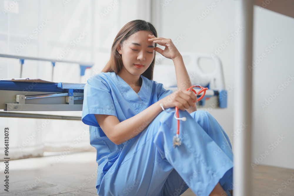Young doctor experiencing burnout sitting on hospital floor Young doctor experiencing burnout sitting on hospital floor