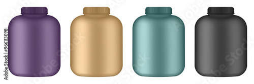 Realistic vector sport nutrition containers without label. Whey protein and mass gainer plastic jar isolated on white background. Purple, green, gold and black jars.	
