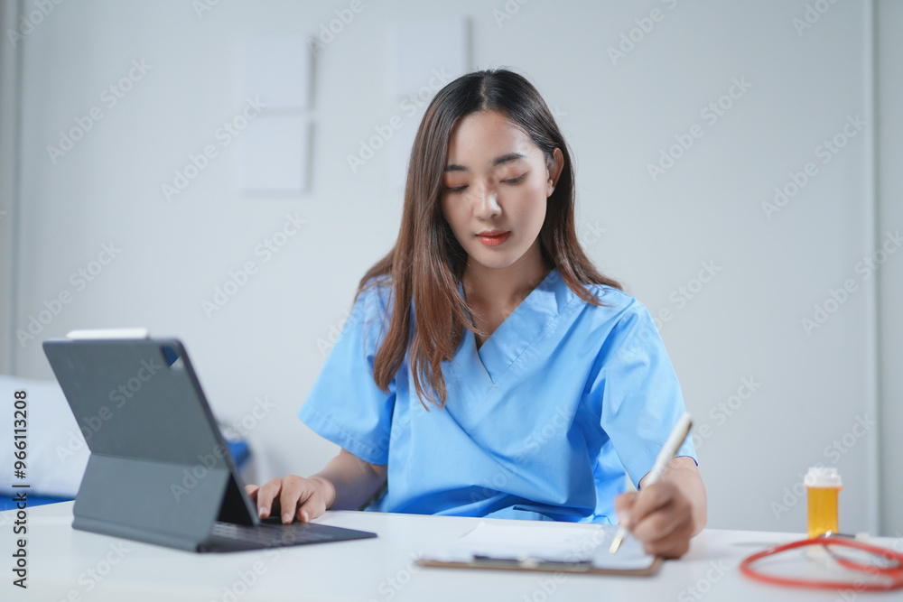 Young doctor writing medical report using digital tablet in clinic Young doctor writing medical report using digital tablet in clinic