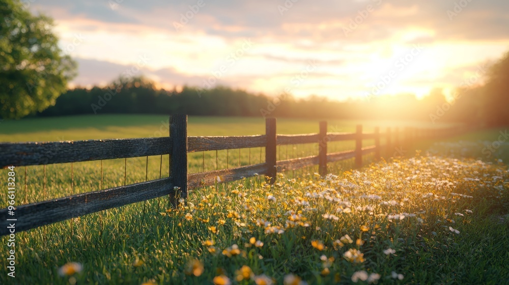Obraz premium Scenic countryside field at sunset with a wooden fence and wildflowers