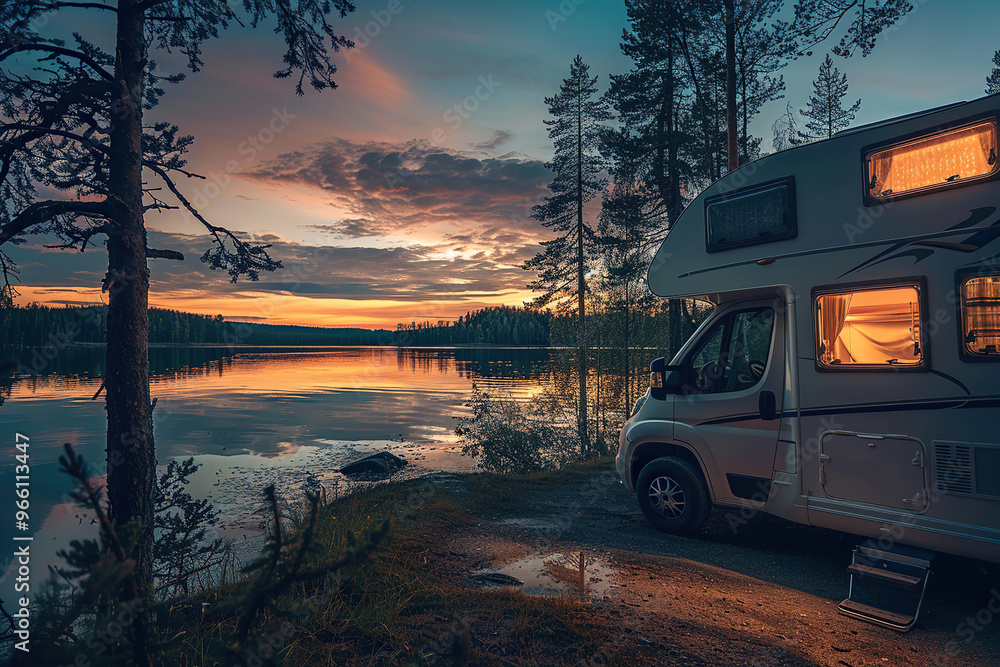 Holiday trip on large family motorhome for holiday in beautiful nature Holiday trip on large family motorhome for holiday in beautiful nature