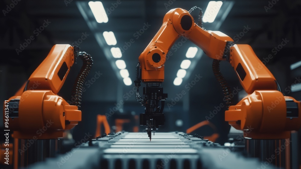 Two orange robotic arms working on an assembly line. Two orange robotic arms working on an assembly line.