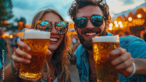 Group of friends toasting with beer glasses at an outdoor festival