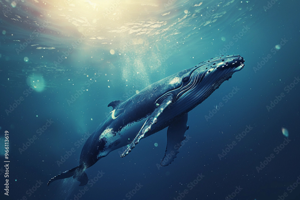 Fototapeta premium Fantastically beautiful majestic huge whale in ocean