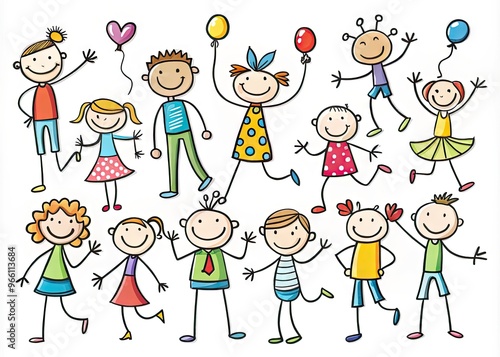 Whimsical hand-drawn illustrations of colorful stick figures in various poses and emotions, bringing simplicity and humor to everyday life scenes and common humanity.