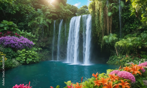 A beautiful waterfall cascades into a pool of water surrounded by lush greenery