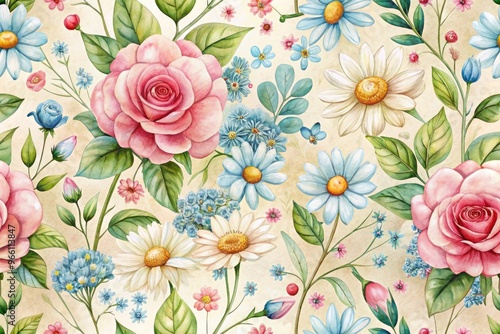 Whimsical watercolor illustration of a delicate, pastel-hued floral pattern featuring daisies, roses, and forget-me-nots on a soft, creamy background with subtle texture.