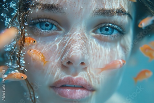 surreal double exposure portrait merging human face with underwater scene schools of fish swimming through facial features dreamy blue tones exploration of subconscious