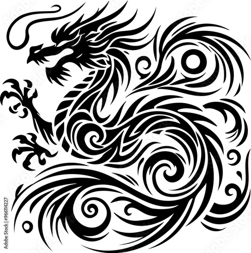 Unveil a stylized vector symbolic tribal dragon, ideal for digital and decorative arts