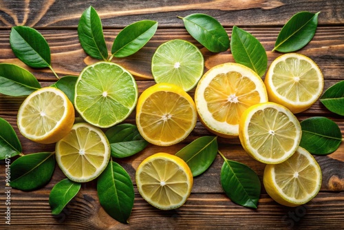 Zesty Zest Of Yellow Lemon And Juicy Lime Slices With Green Leaves On A Wooden Background photo