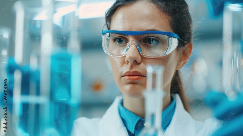 A female scientist wearing protective goggles intensely analyzing chemical samples in a laboratory, surrounded by test tubes and beakers. A female scientist wearing protective goggles intensely analyzing chemical samples in a laboratory, surrounded by test tubes and beakers.