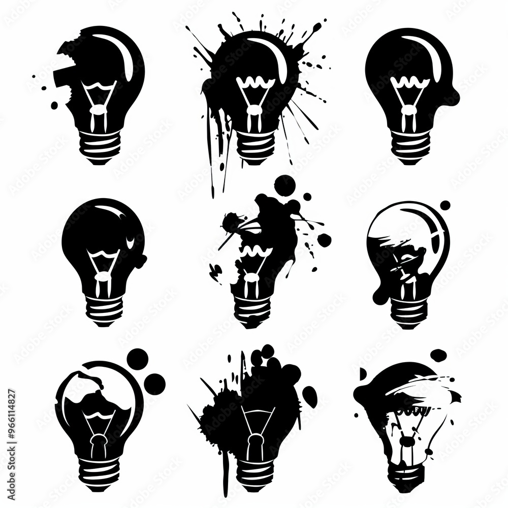 Graffiti light bulbs, black lamp icon silhouettes set, lightbulbs graffiti spray isolated, minimal black and white Graffiti light bulbs, black lamp icon silhouettes set, lightbulbs graffiti spray isolated, minimal black and white