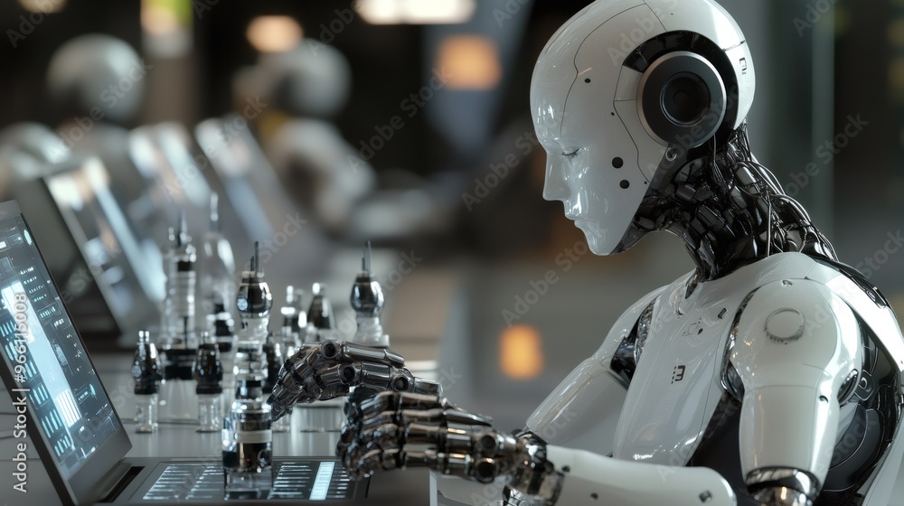 Fototapeta premium White humanoid robot sitting at a computer, looking at a screen.