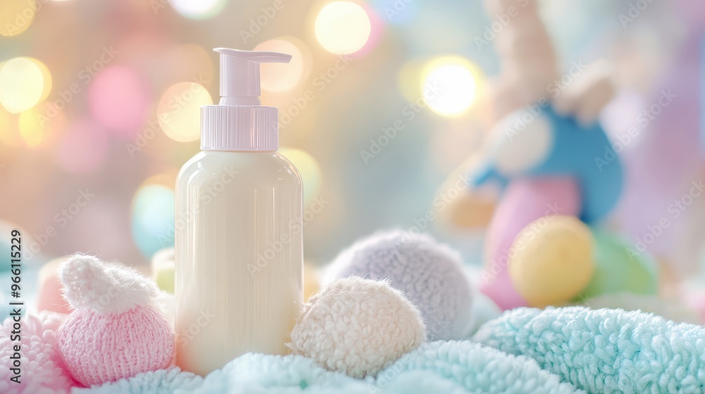 A soothing lotion bottle surrounded by colorful pom poms, evoking a soft and comforting ambiance for skincare. A soothing lotion bottle surrounded by colorful pom poms, evoking a soft and comforting ambiance for skincare.