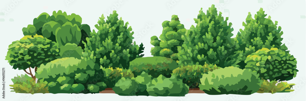Obraz premium Lush green bushes and trees forming a forest bordering a dirt path-