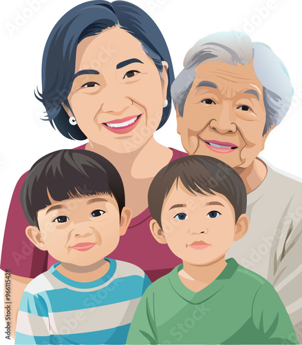 Happy family smiling together: grandmother, mother and children