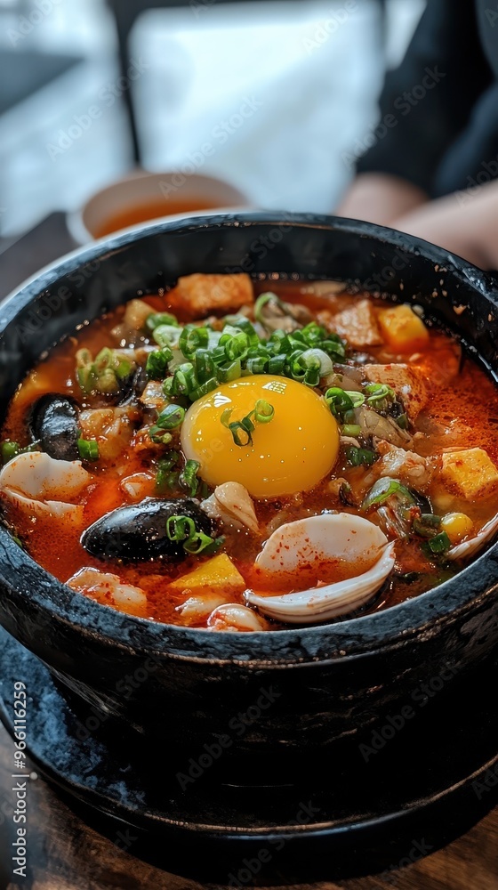 Sundubu Jjigae with Clams, Shrimp, and Vegetables. Korean food Sundubu Jjigae with Clams, Shrimp, and Vegetables. Korean food