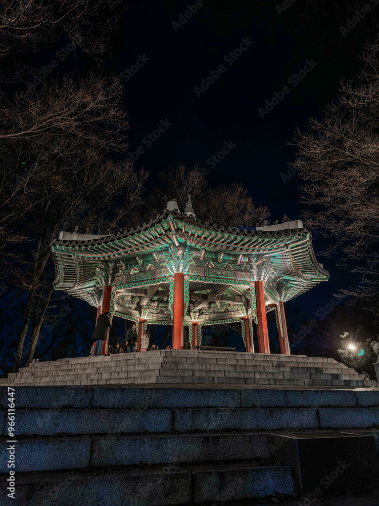 Korean Traditional Gazebo on top of Namsan Tower at Night in Seoul, South Korea