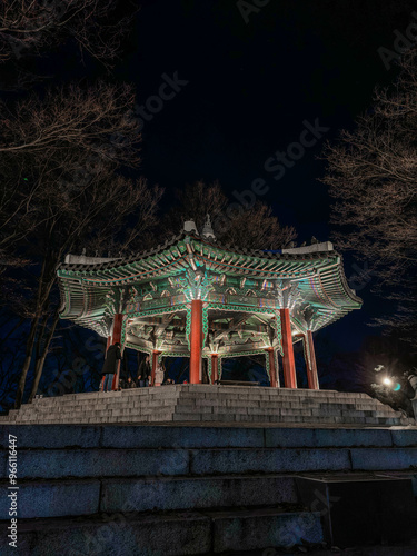 Obraz na płótnie Korean Traditional Gazebo on top of Namsan Tower at Night in Seoul, South Korea w salonie