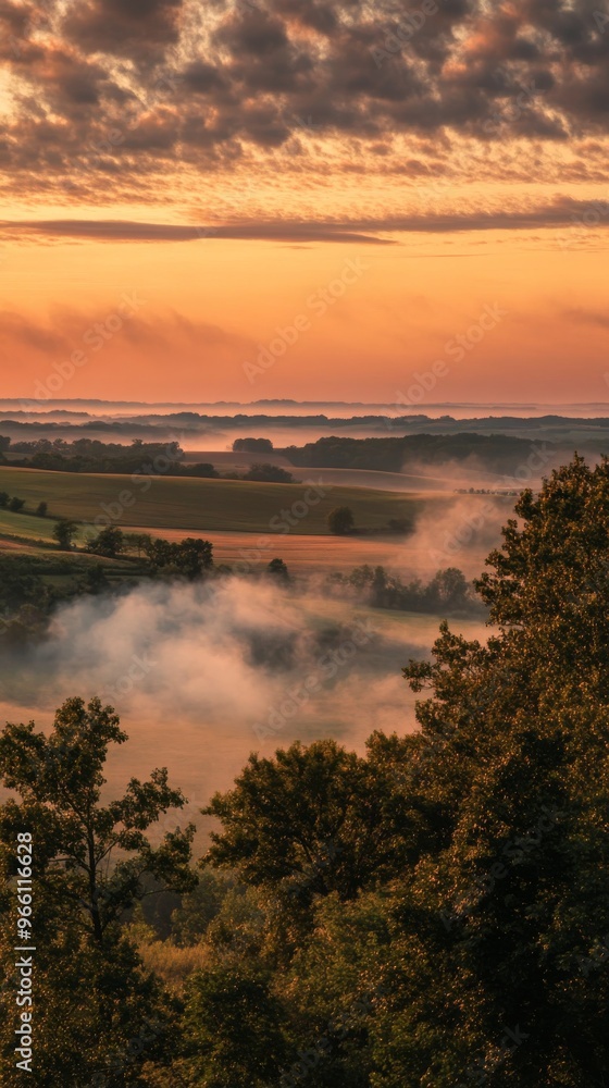Misty sunrise over rolling hills, nature landscape. Serene and peaceful morning scene Misty sunrise over rolling hills, nature landscape. Serene and peaceful morning scene